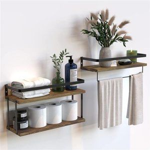 2+1 Wall Mounted Floating Shelves Set of Rustic Wood Wall Shelf with Metal Frame